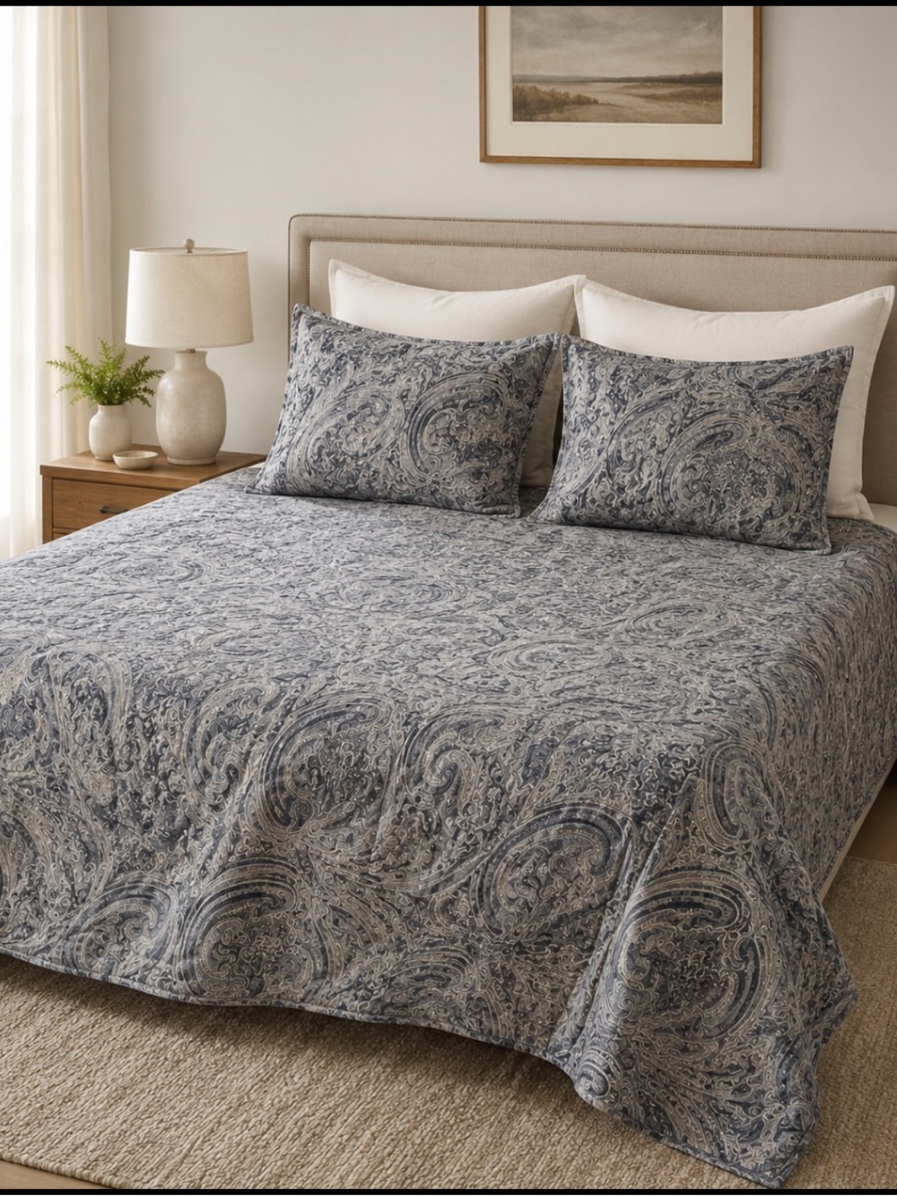 Ralph Lauren King Sz Reversible Comforter Blue & White Paisley & Striped USA